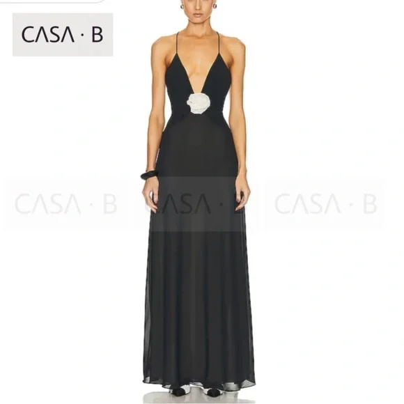 NEW!💫CASA B| Madeline Rosette flower Appliqué Deep V Sheer Long Slip Maxi Dress - Picture 2 of 11